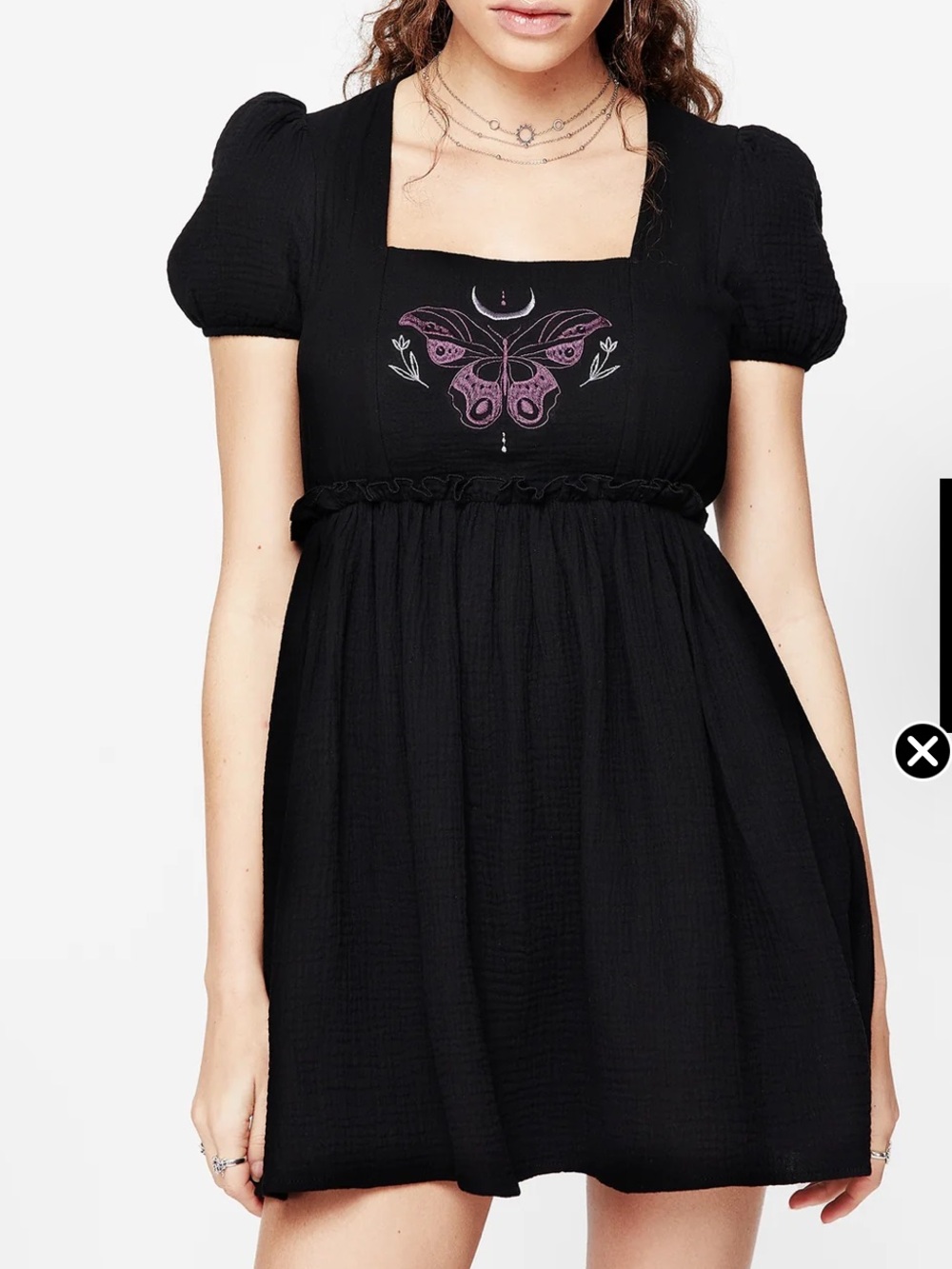 Disturbia Black butterfly embroidered puff sleeve mini dress